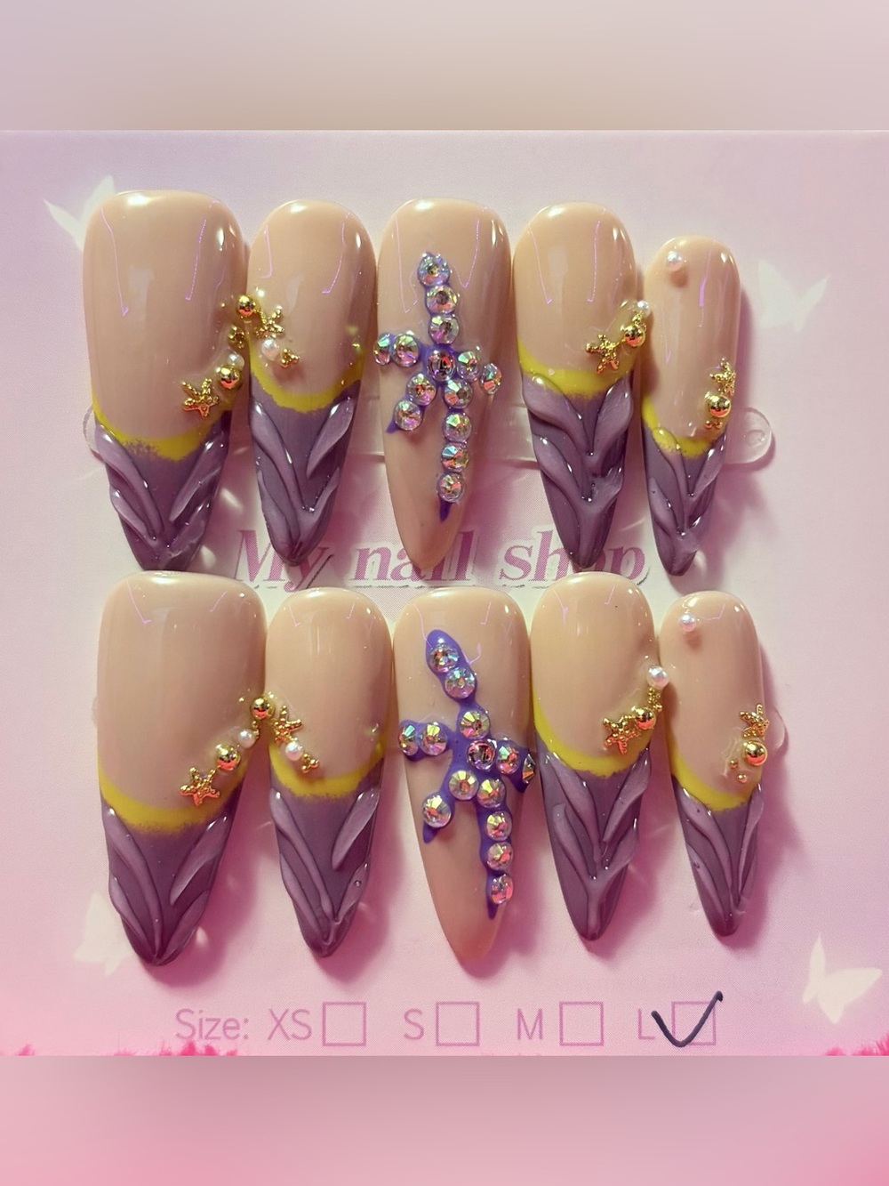 Nude & Lavender Crystal Cross Press-On Nails by